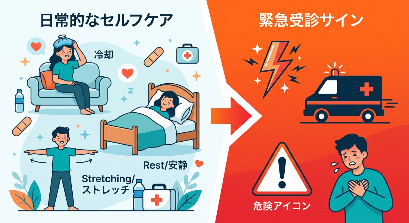 片頭痛の受診目安（レッドフラッグ）と日常セルフケアの整理図