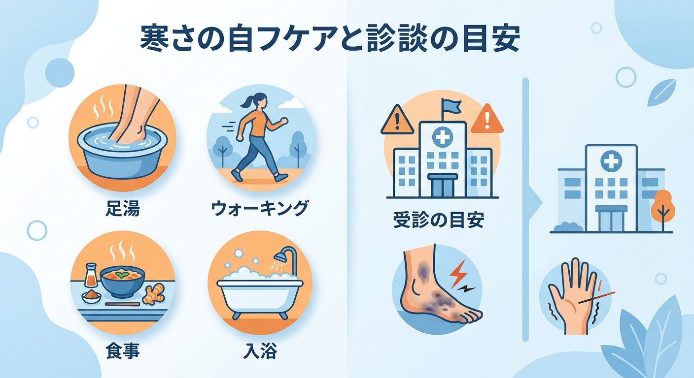 冷え性のセルフケアと受診目安の整理図：日常でできる対策と受診を検討すべきレッドフラッグ