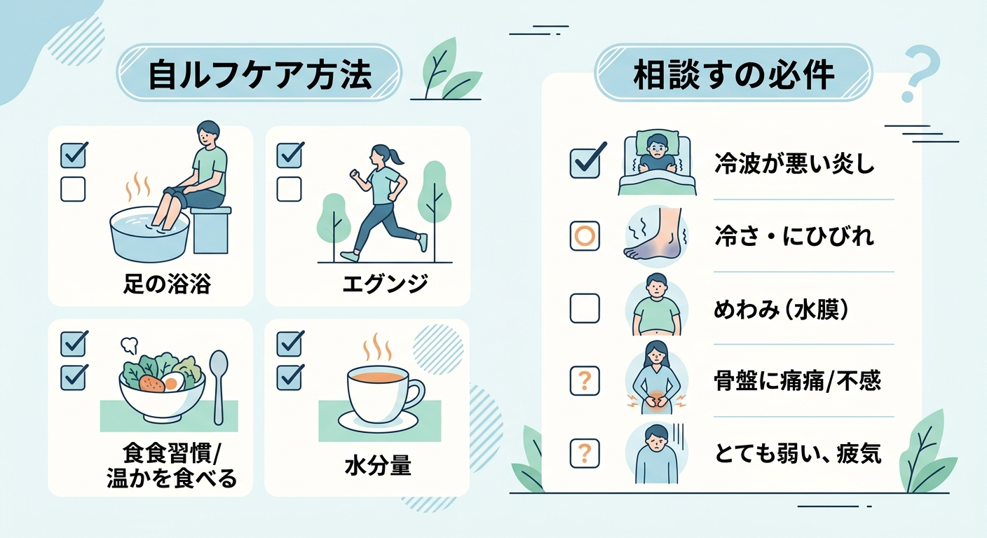 冷え性のセルフケアと受診の目安を整理した図解