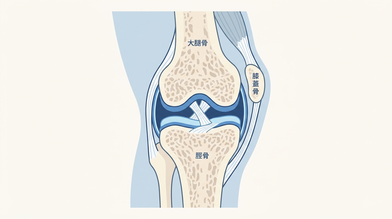 膝関節の断面図：関節軟骨・滑液・大腿骨・脛骨の位置関係を示した模式図