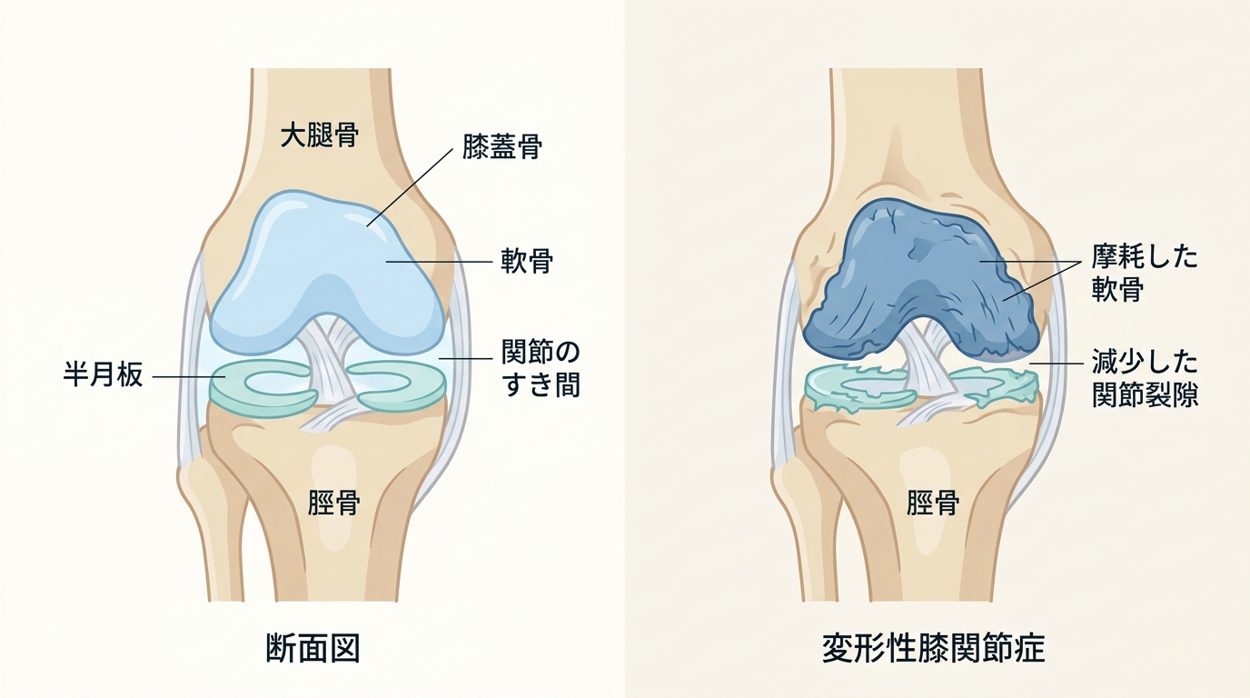 膝関節の断面図：軟骨・半月板・骨の位置関係と変形性膝関節症での軟骨摩耗の図解