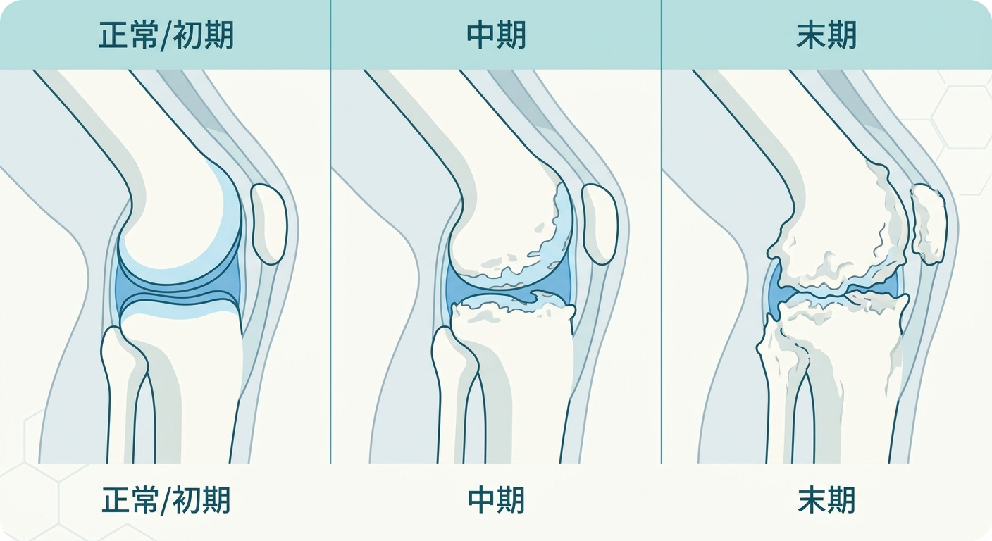 変形性膝関節症の進行段階を示す図解。初期・中期・末期のそれぞれの状態をフラットイラストで表現。