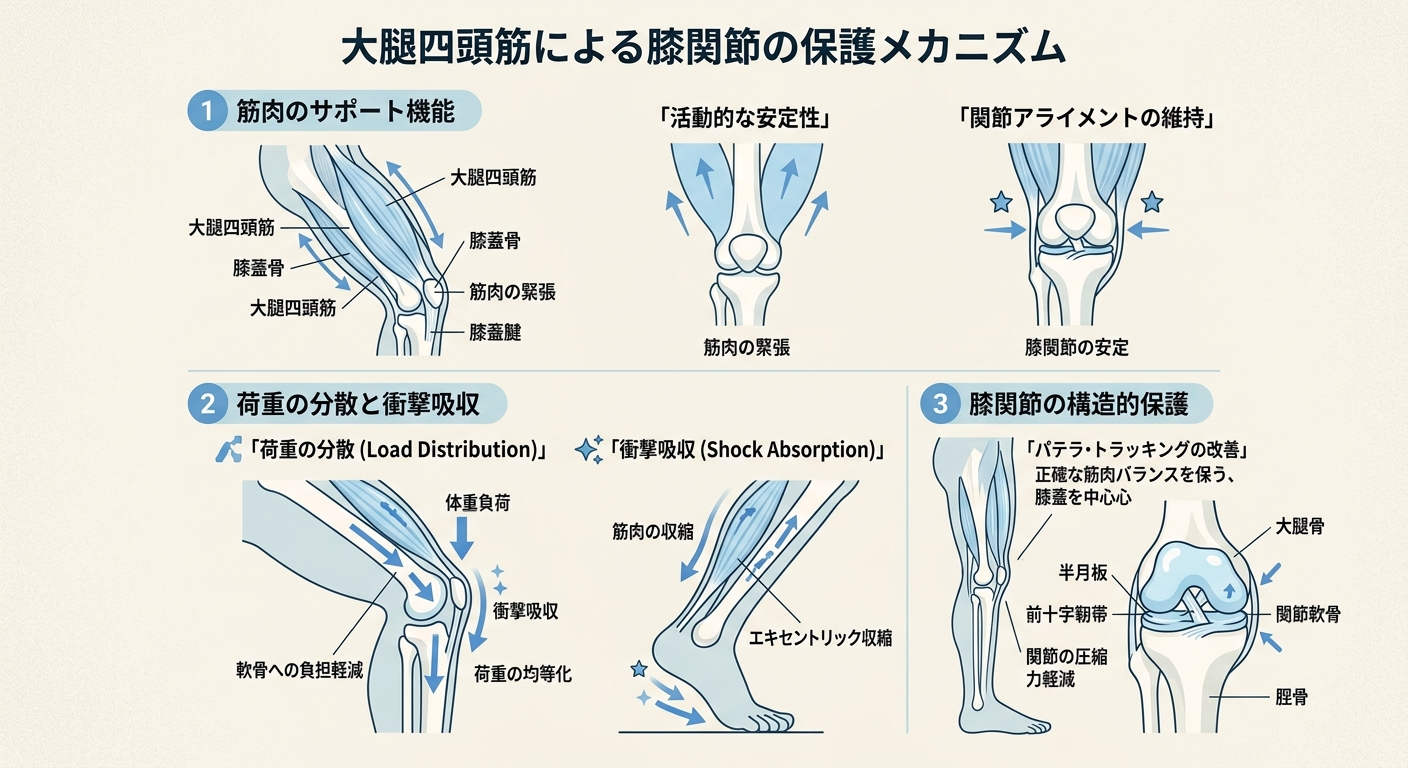 変形性膝関節症における大腿四頭筋トレーニングの効果を示す図解。Hegde et al.2025の知見をもとに作図。