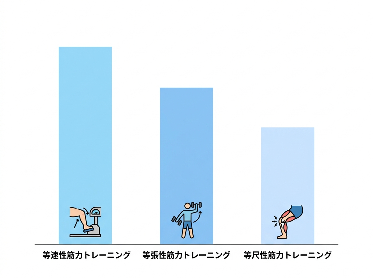 膝OAに対する各運動タイプ（等速性・等張性・等尺性）の疼痛軽減効果量（SMD）を比較した棒グラフ風の図解（Ding X et al. 2024の知見をもとに作図）
