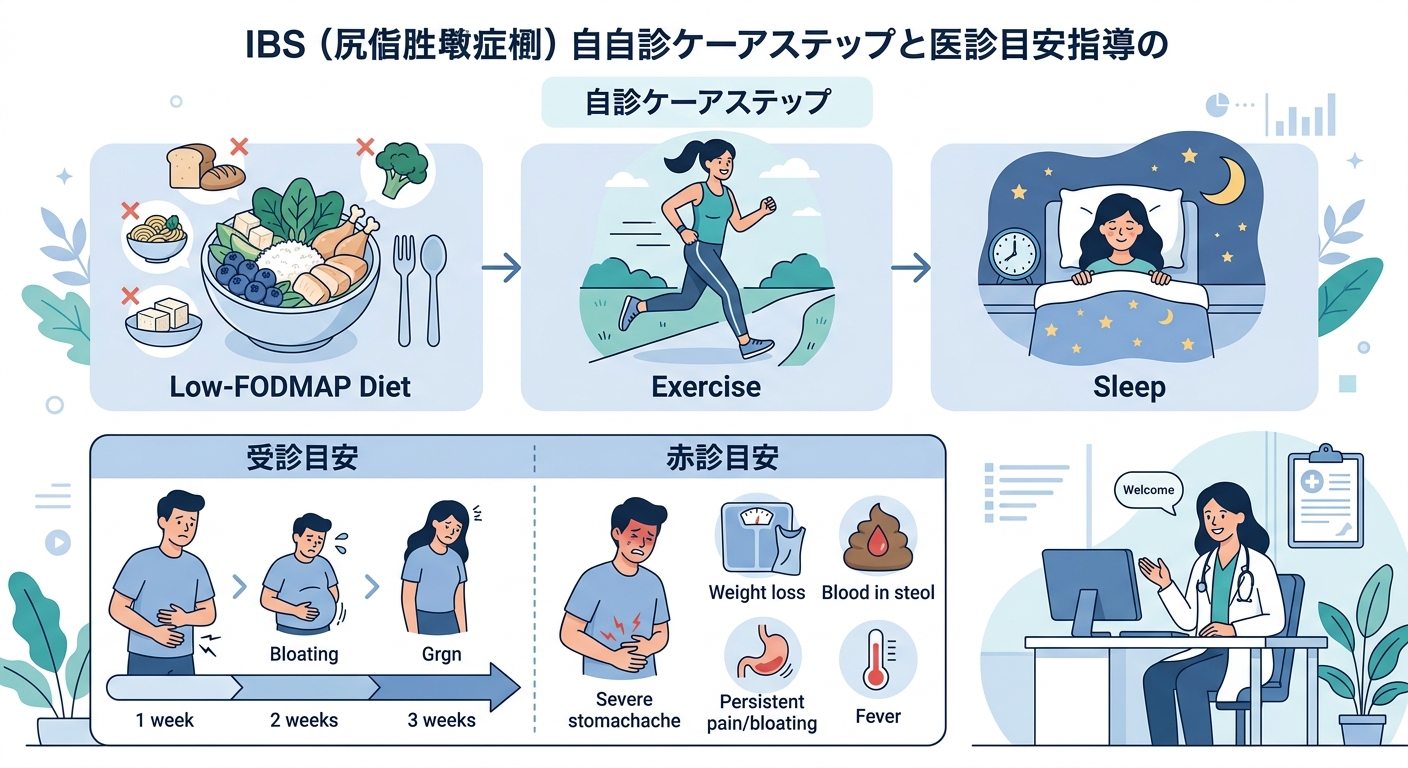 IBSのセルフケアと受診目安の整理図
