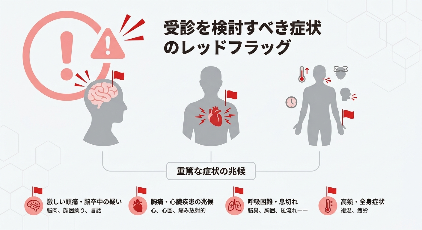 受診を検討すべき症状（レッドフラッグ）を示す図解