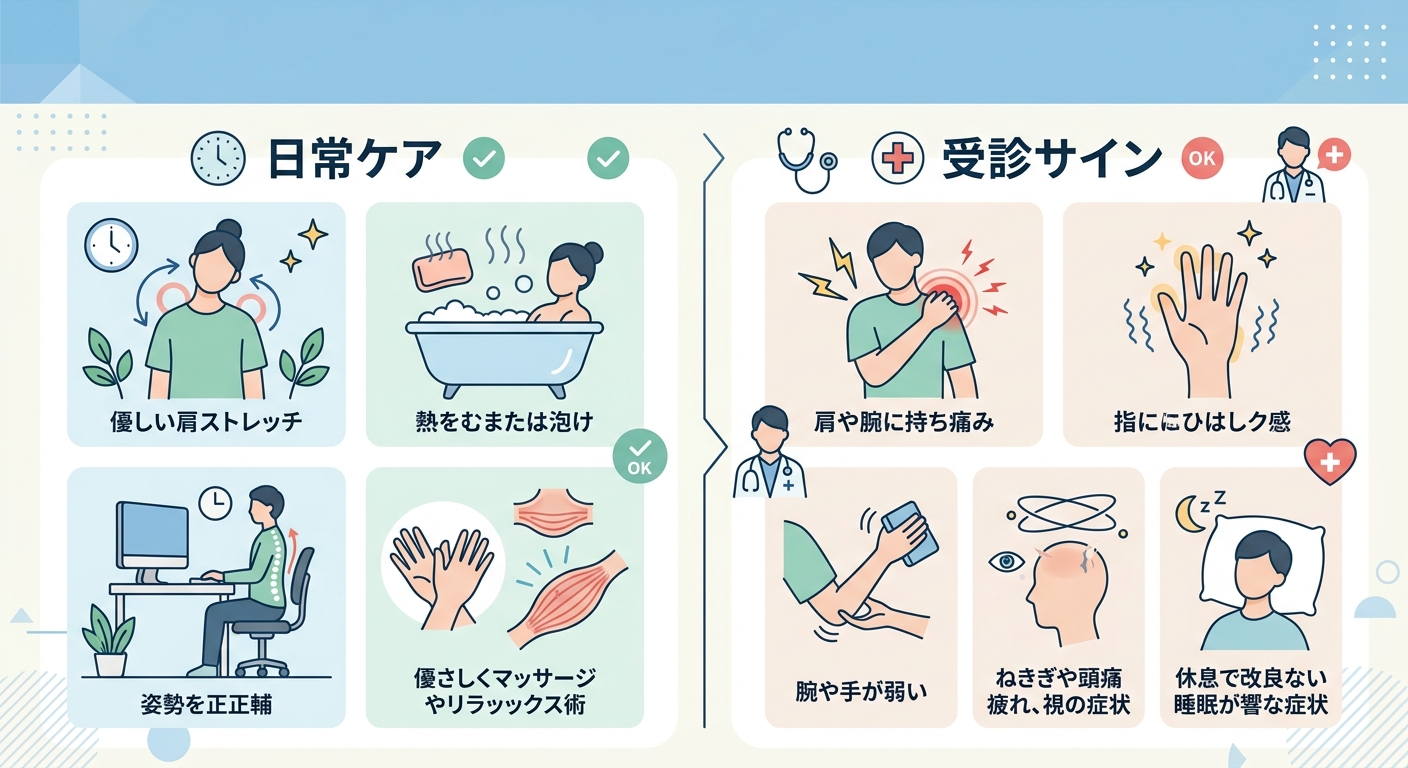 肩こりのセルフケアと受診を検討すべきサインを整理した図解