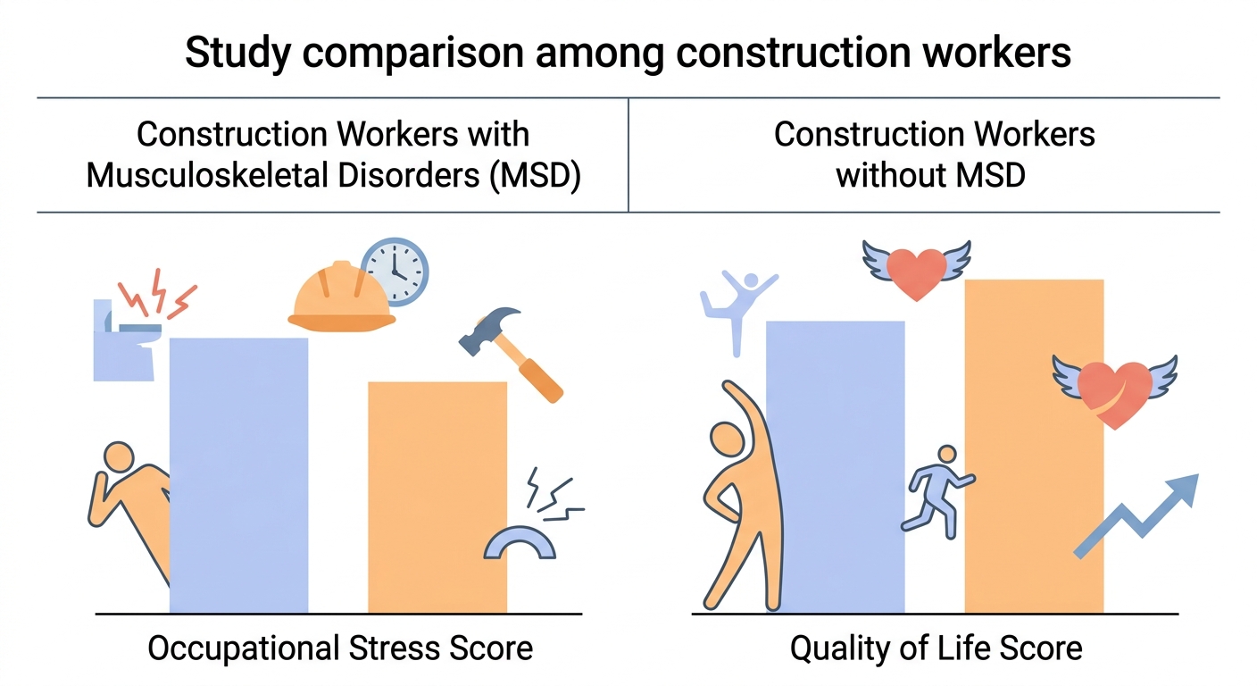 腰痛と職業ストレスの関係を示した比較図。筋骨格系障害あり群となし群のストレス・QOLスコアの差を視覚化。
