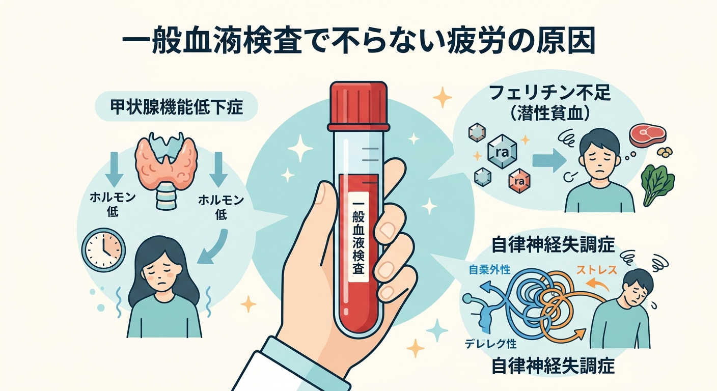 通常の血液検査では捉えられない倦怠感の原因の概念図