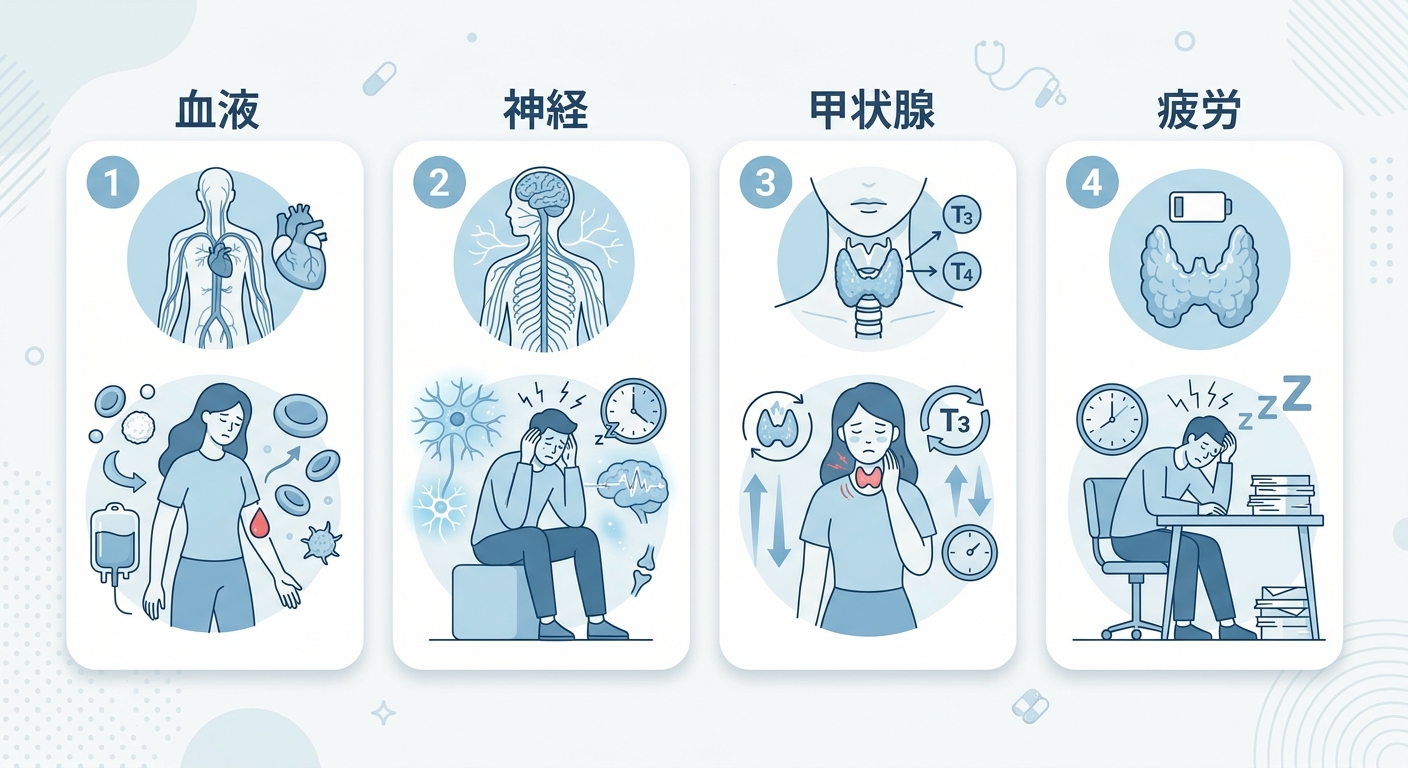 倦怠感の原因別の主な特徴と注意点の比較図