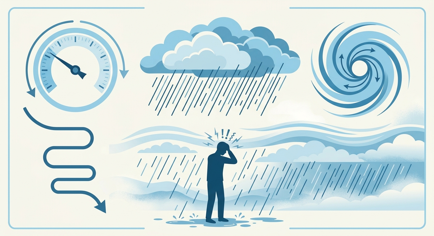 梅雨・台風シーズンの気圧変動パターンと症状悪化のタイミングを示した図