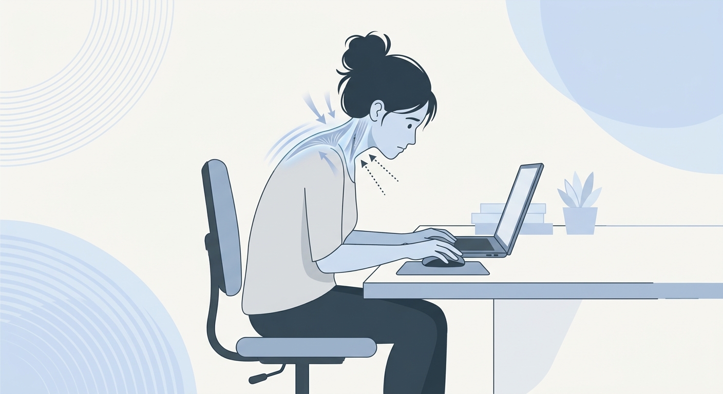 デスクワーク中に首・肩の筋肉が緊張している人のイラスト