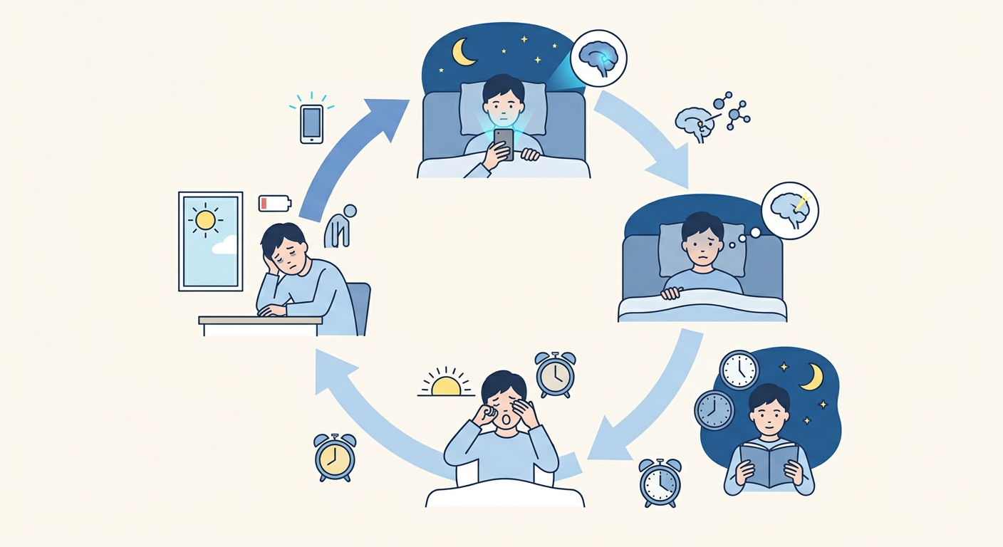 睡眠不足・体内時計の乱れと気力低下の悪循環を示すフロー図