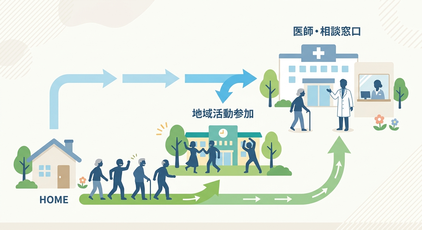 高齢者の孤立予防のための日常の工夫と受診を検討すべきサインをまとめた整理図
