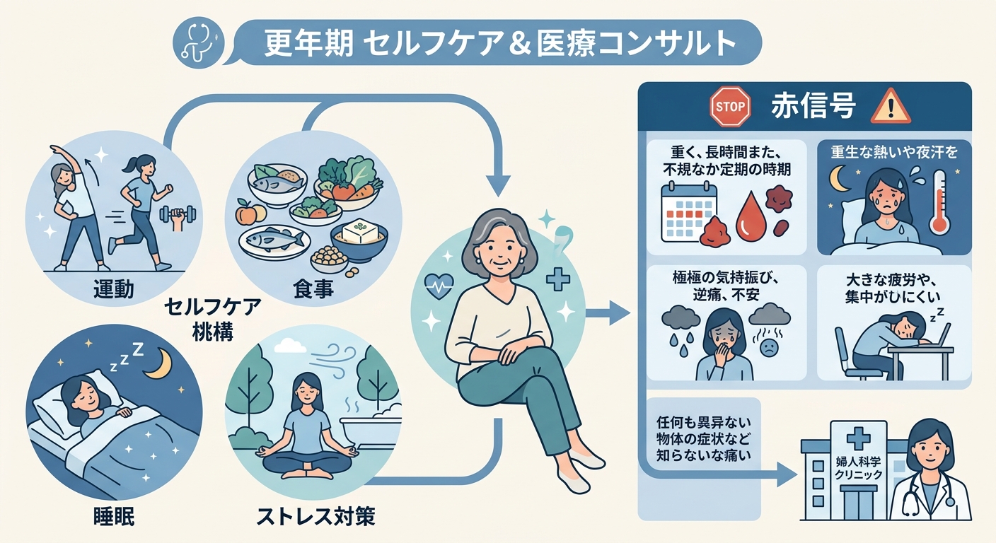 更年期のセルフケア4本柱（食事・運動・睡眠・ストレス対策）と婦人科受診のサインを示す整理図