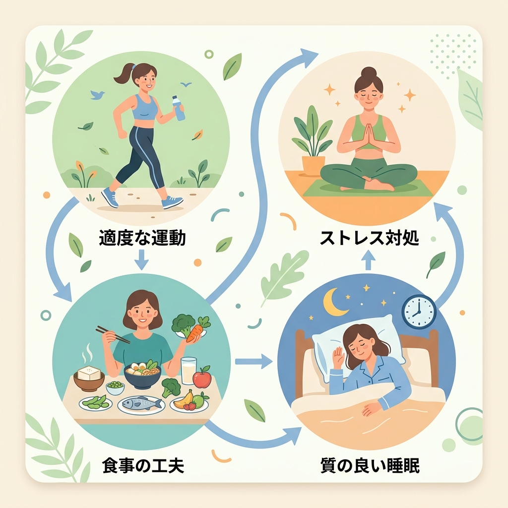 更年期セルフケアの4つの柱と受診目安の整理図：運動・食事・睡眠・ストレス対処のアイコン
