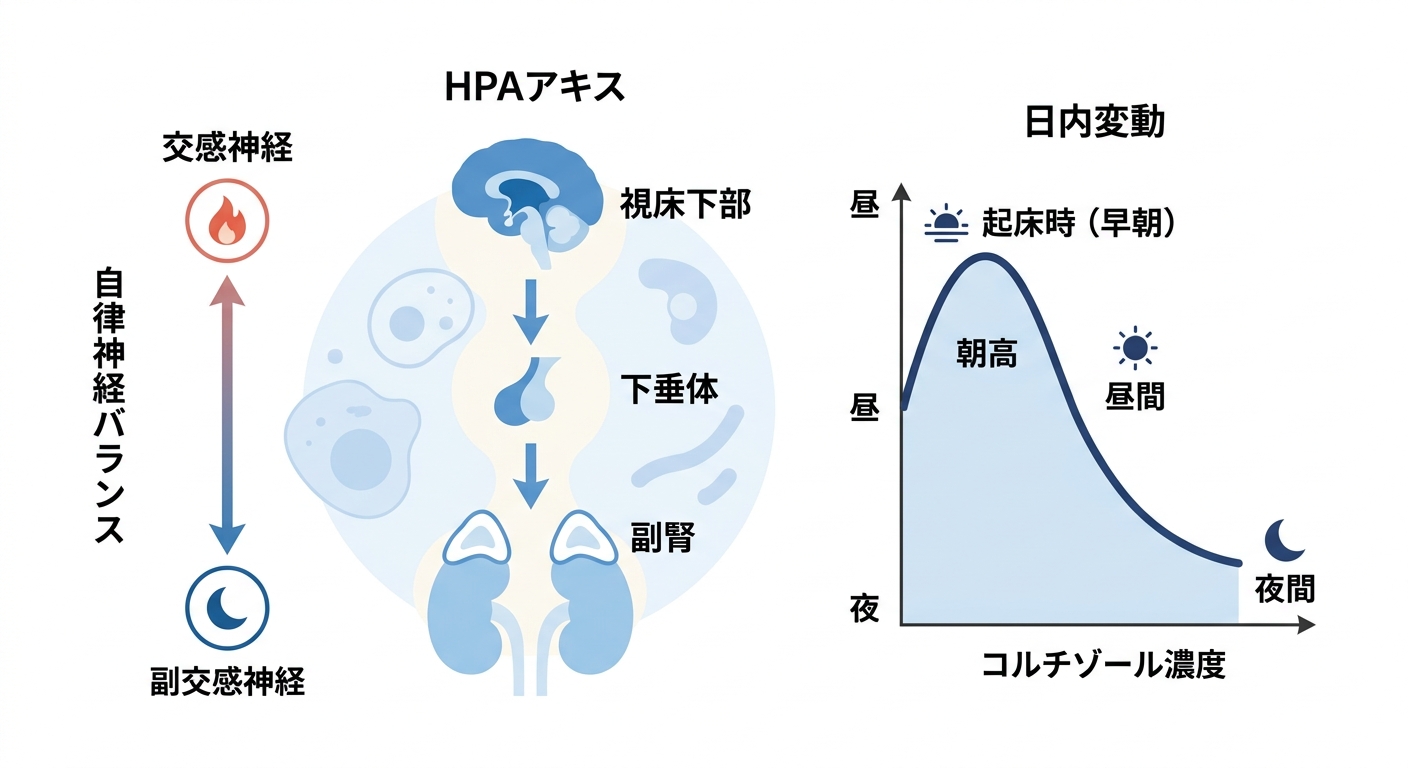 HPA軸（視床下部・下垂体・副腎）とコルチゾールの日内変動・自律神経との関係を示す模式図