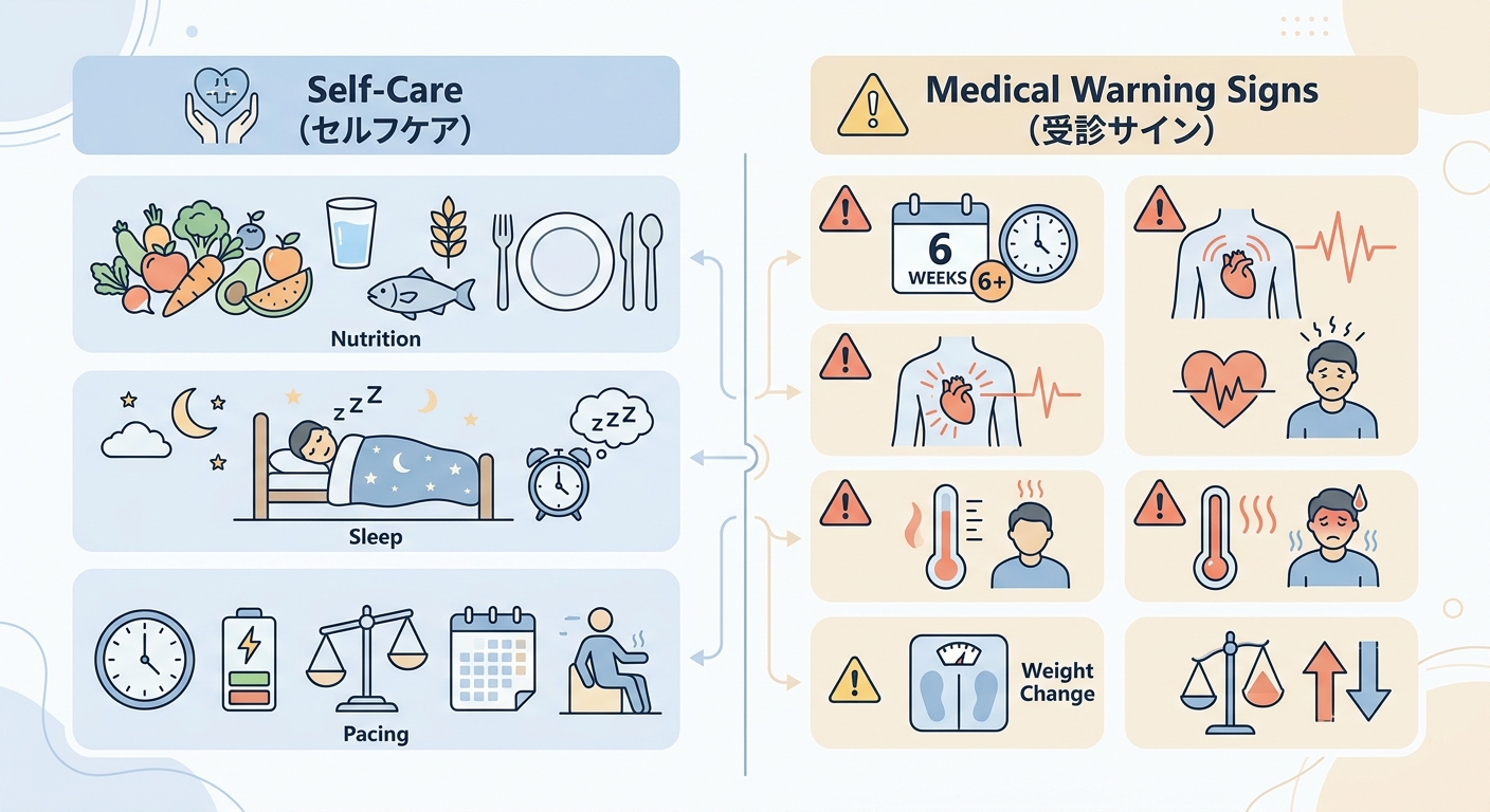 受診を検討したいサイン（レッドフラッグ）とセルフケアの整理図