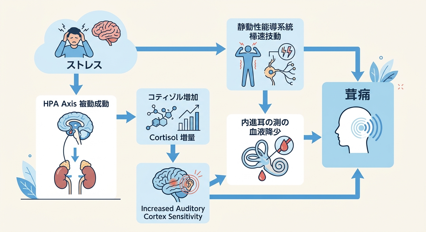 ストレスと自律神経、HPAaxis、耳鳴りの関係を示す概念図