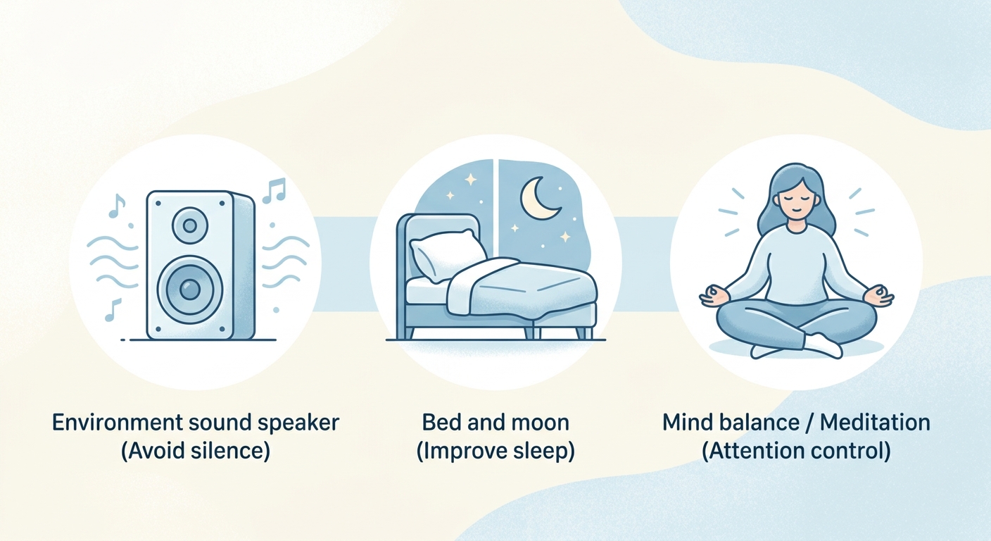 耳鳴りのセルフケアとして環境音、睡眠、ストレスケアを示す図解