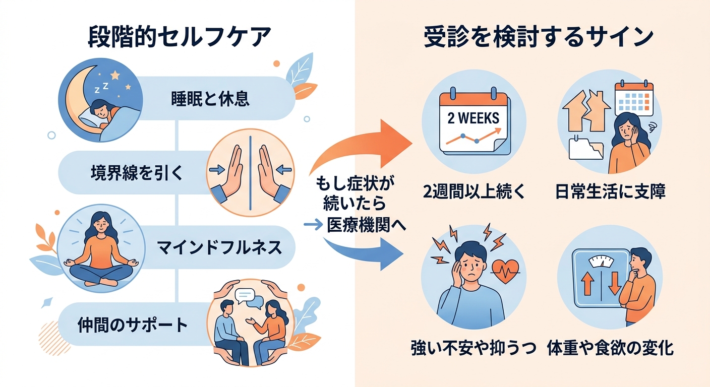 バーンアウトのセルフケアと受診を検討するタイミングを整理した図解