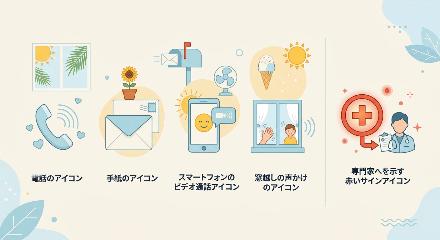 夏の高齢者孤立予防セルフケアと受診を考えるサインの整理図。電話・手紙・ICT・窓越し交流などの対策と、受診サインを示す。