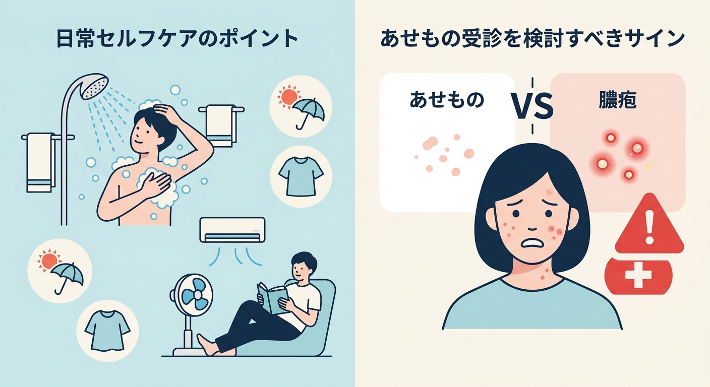 あせものセルフケアと受診を検討すべきサインの整理図