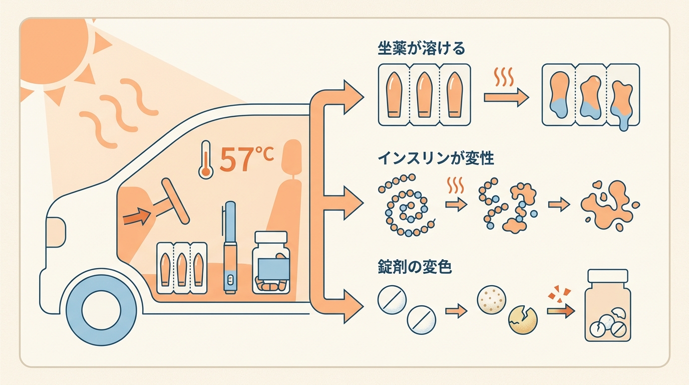 高温による薬の変質メカニズムの模式図：JAFの実験による車内温度データをもとに作図