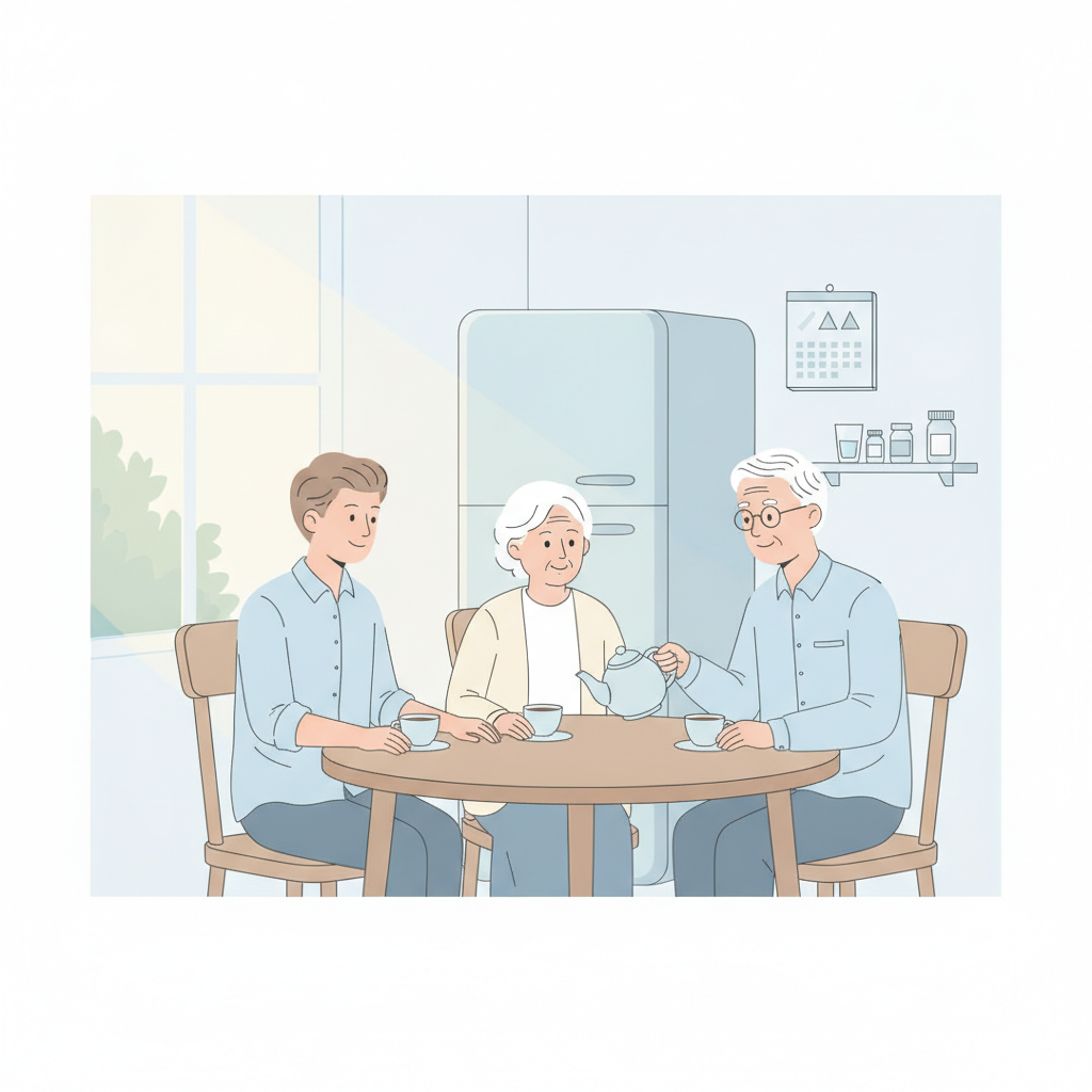 夏の帰省で高齢の親の生活の変化に気づく家族のイラスト（フレイル・見守り・つながり）