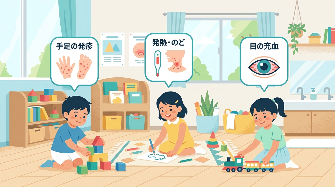 夏の三大感染症（手足口病・ヘルパンギーナ・咽頭結膜熱）の主な特徴を示す図解