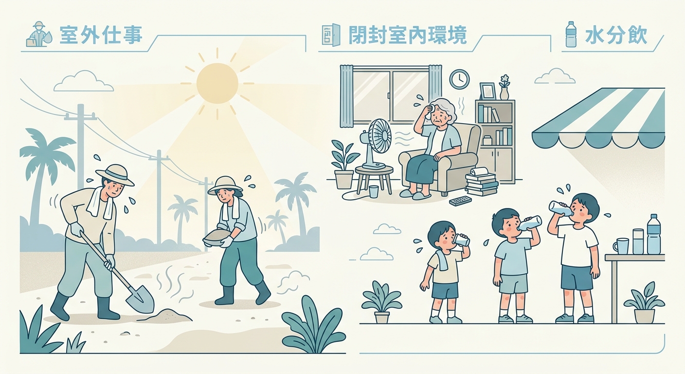 高温多湿の夏の屋外で水分補給する人のイラスト