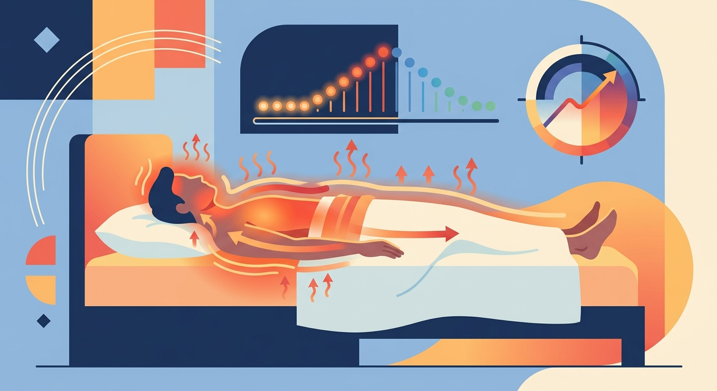 夏の熱帯夜に体熱がこもり眠れない状況を表した図解