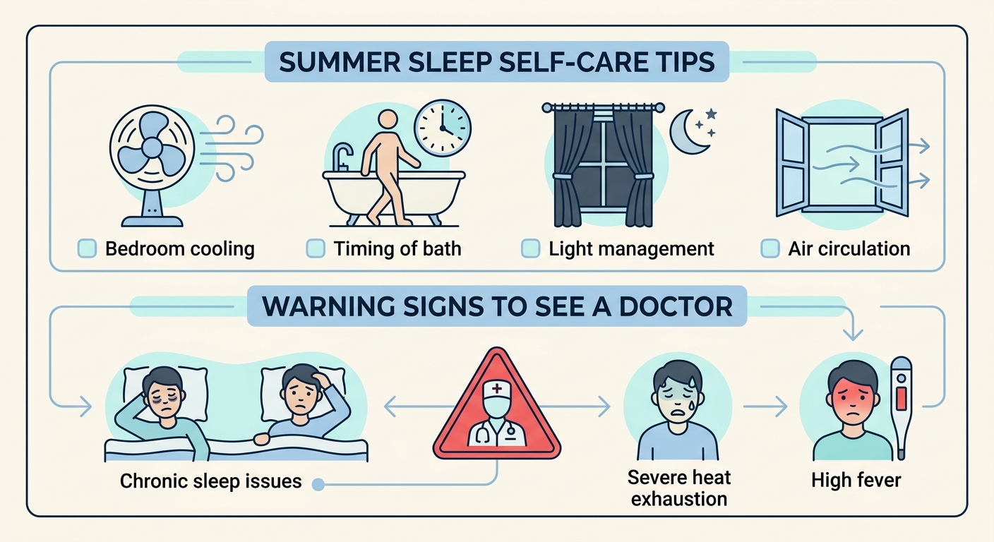 夏の睡眠セルフケアと受診目安を示した整理図