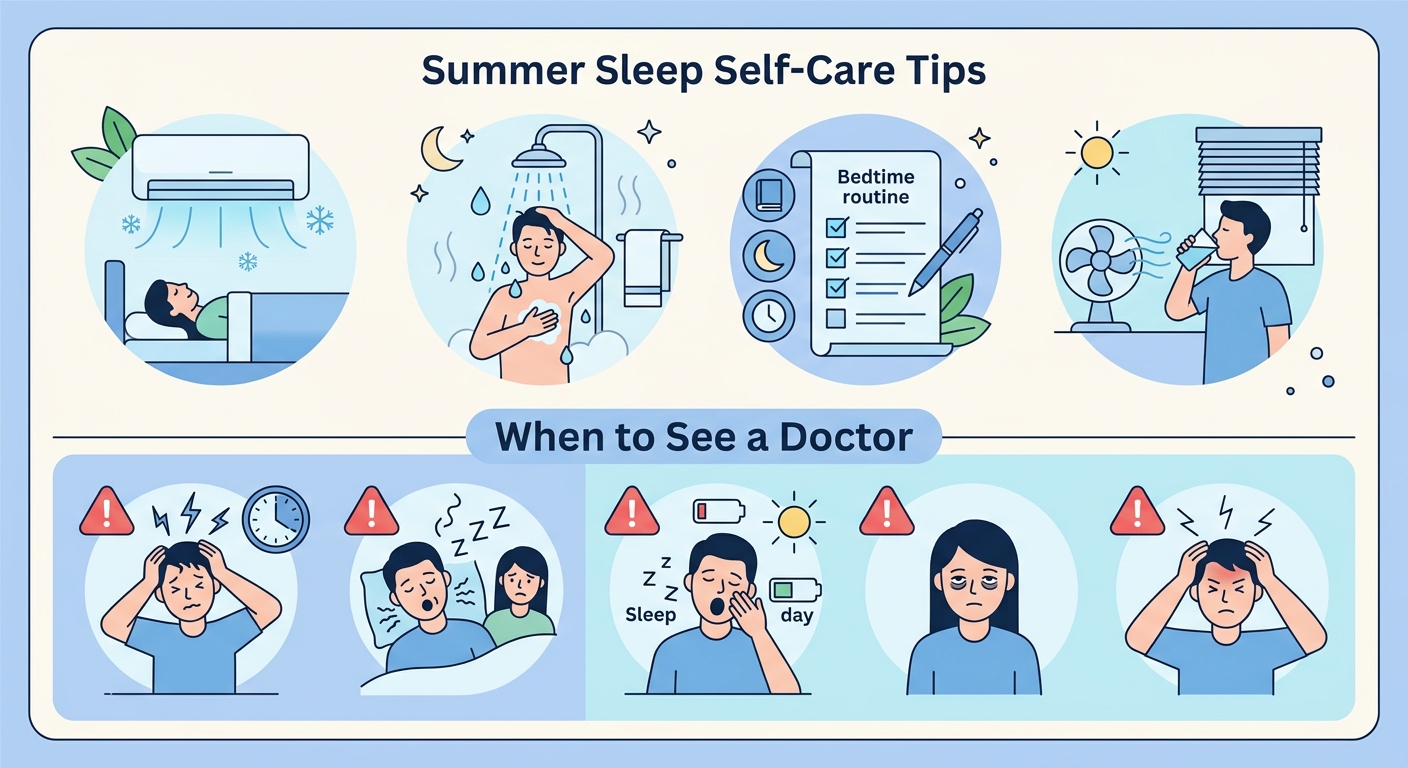 夏の睡眠セルフケアと受診目安の整理図
