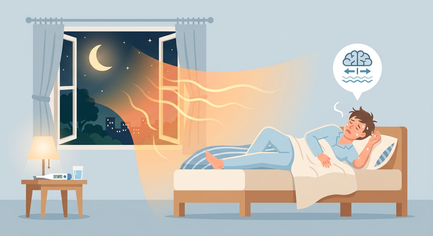 熱帯夜に寝苦しさを感じる状況のイラスト：ベッドで汗ばみながら横たわる人と夜の熱気