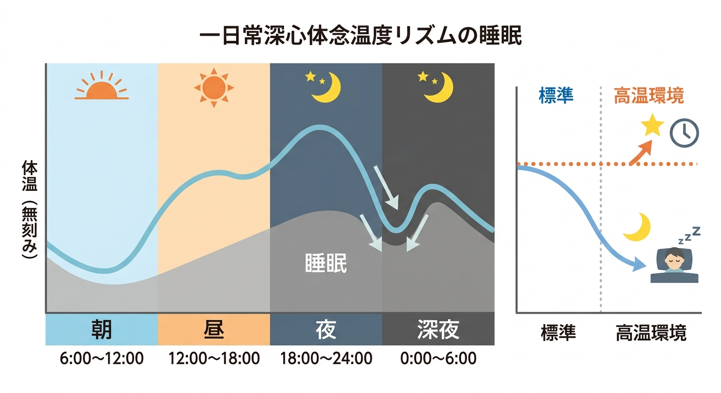 深部体温の日内変動と高温環境での入眠困難の模式図：朝から夜への体温変化グラフ