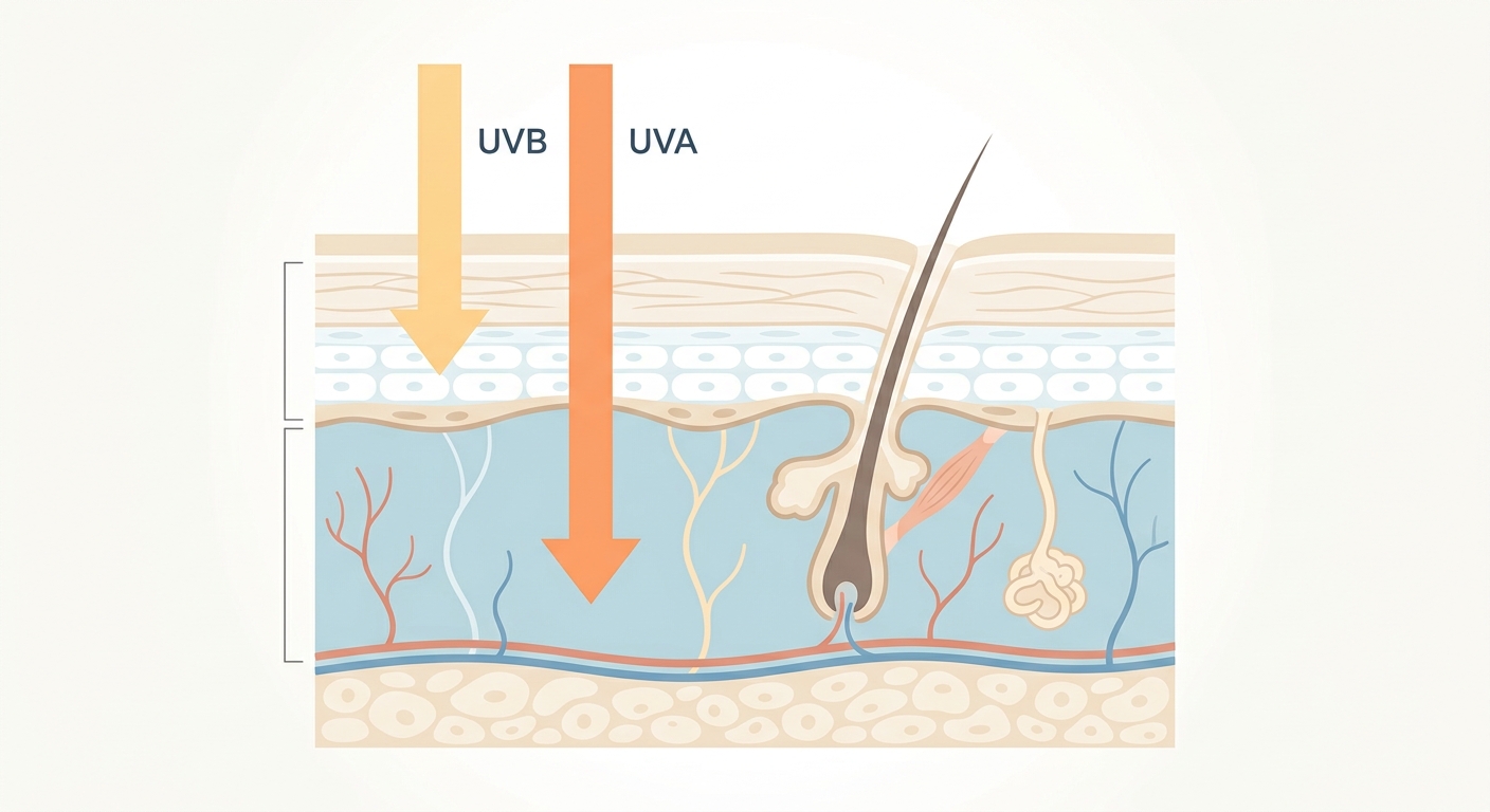 UVAとUVBの皮膚への浸透深度を比較した図解イラスト