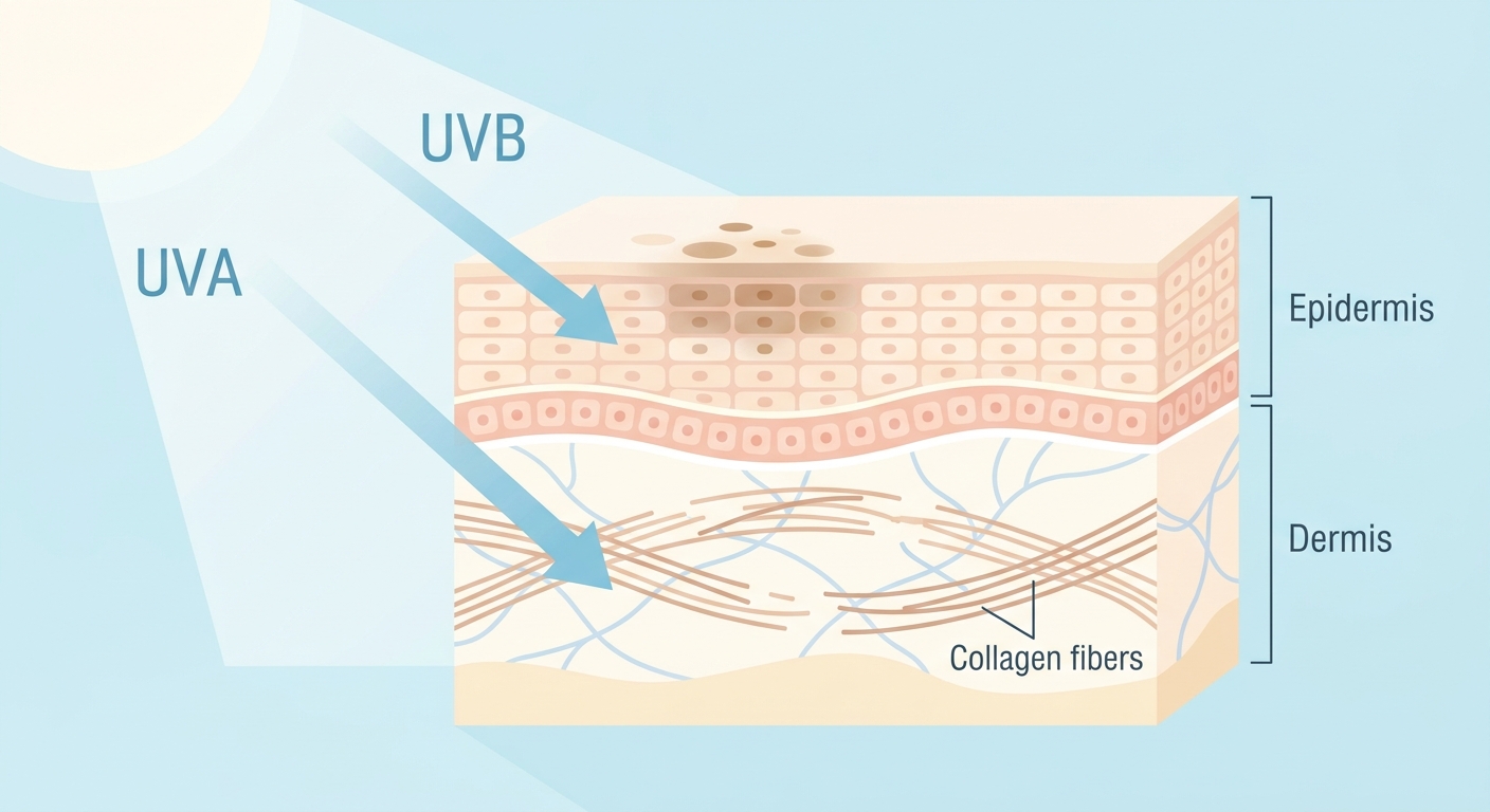 UVAとUVBの皮膚への到達深度と影響の違いを示す模式図