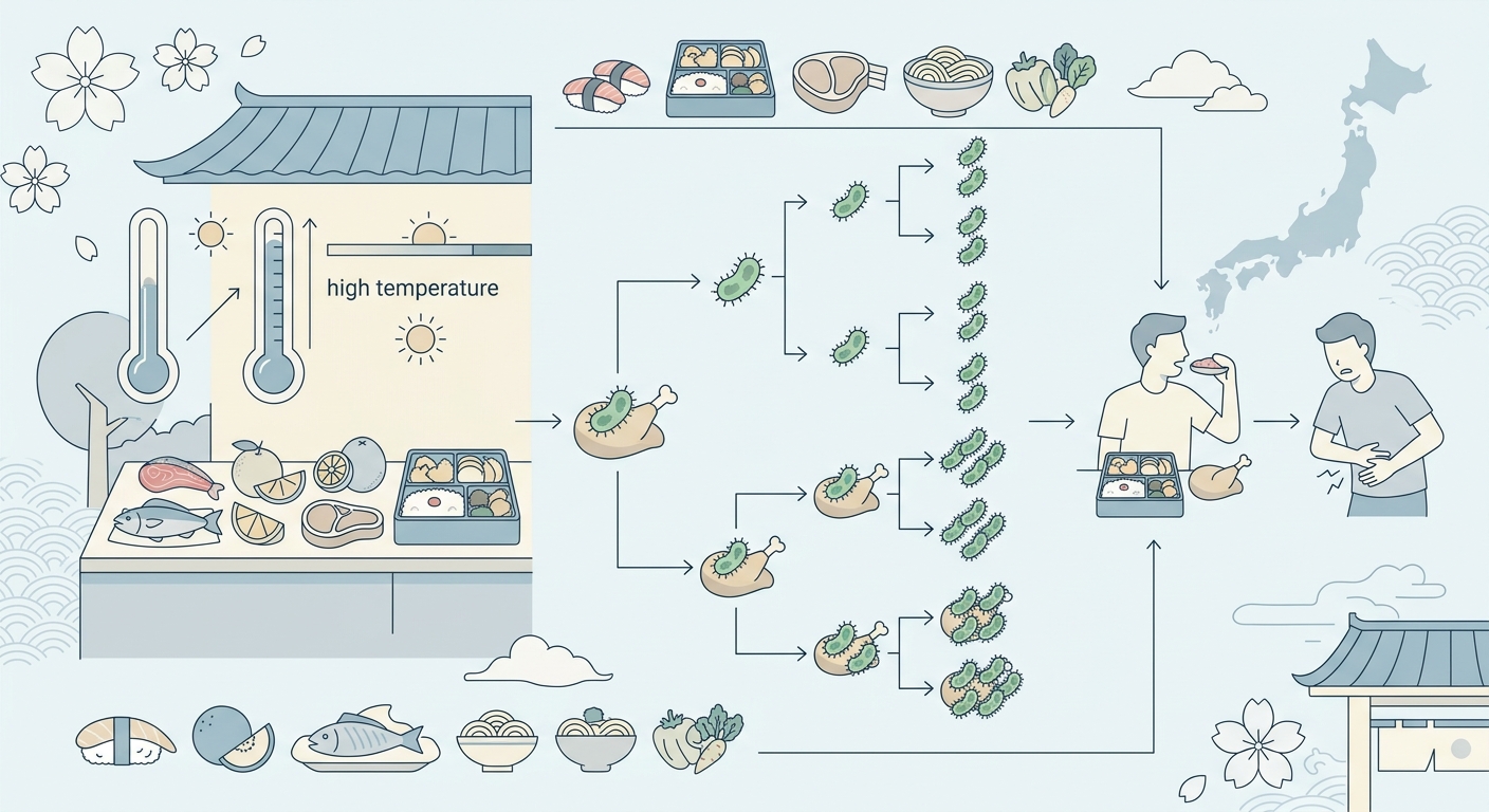 気温と食中毒リスクの関係を示す図解。夏の高温が細菌の増殖を加速させる様子を表す