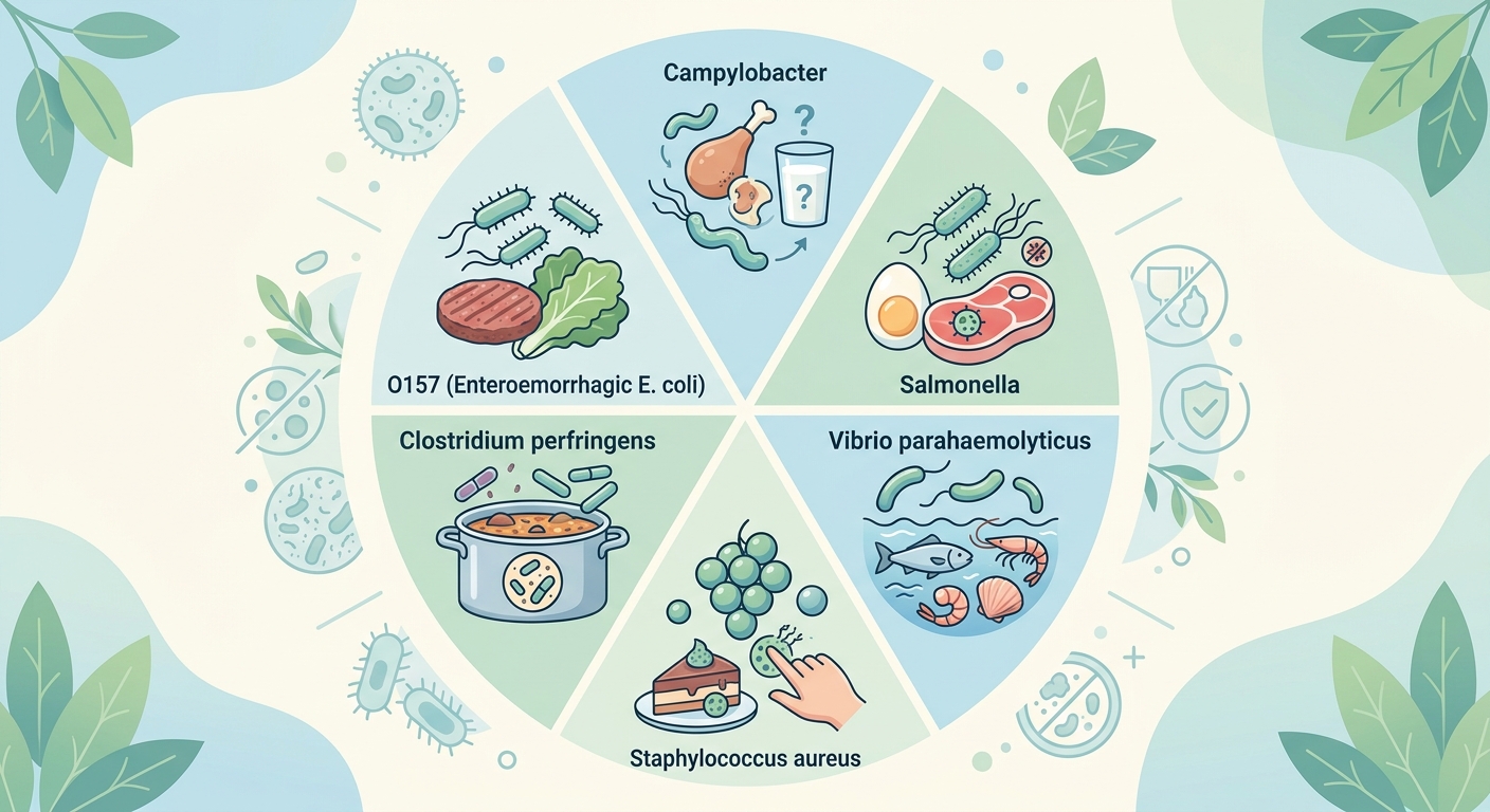 夏の食中毒を引き起こす主な6種類の細菌のイラスト図解