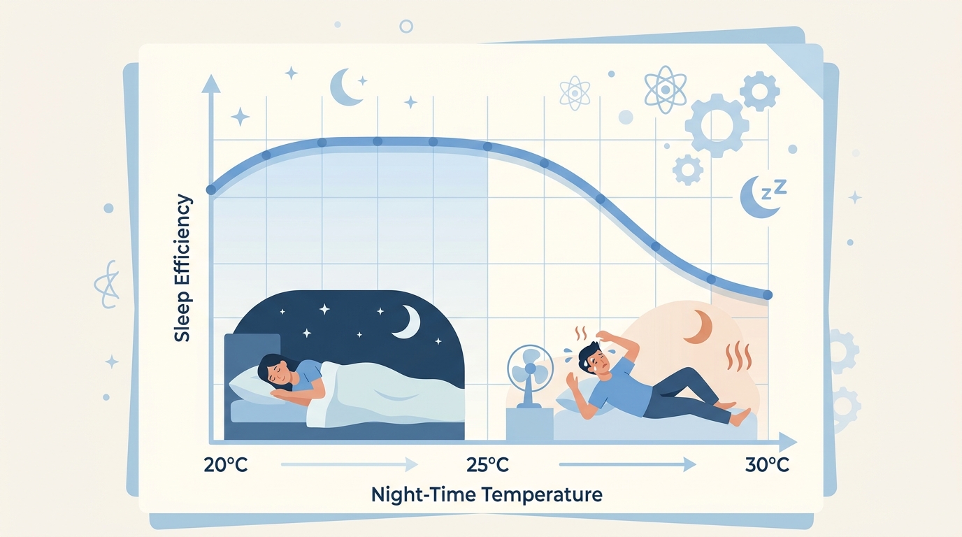 夜間気温と睡眠効率の関係グラフ。20〜25度で最良、25〜30度で5〜10%低下するデータをもとに作図