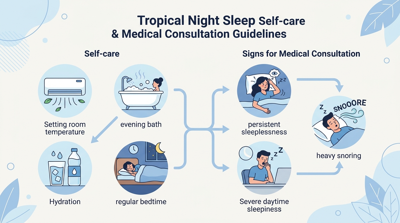 熱帯夜の睡眠セルフケア手順と受診を検討すべき状態の整理図