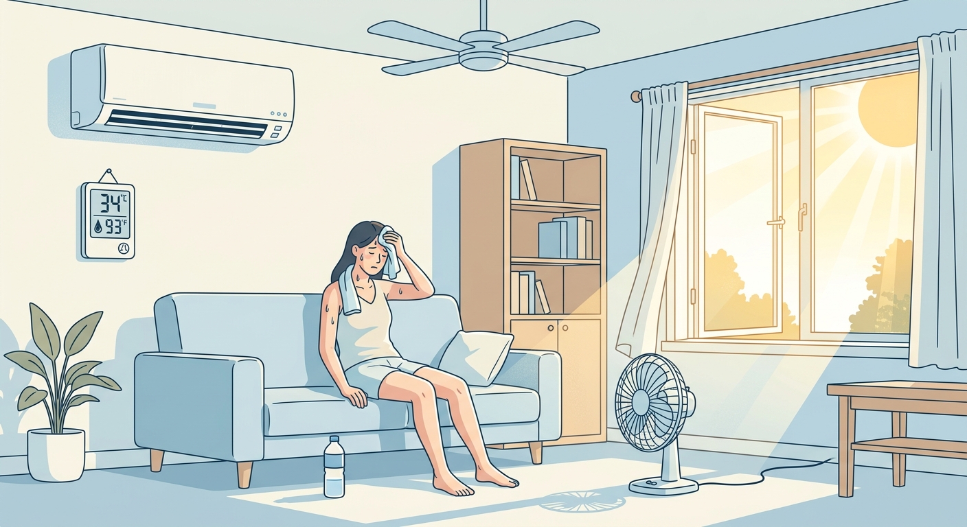 夏の停電時に自宅で熱中症リスクが高まる状況を示すフラットイラスト