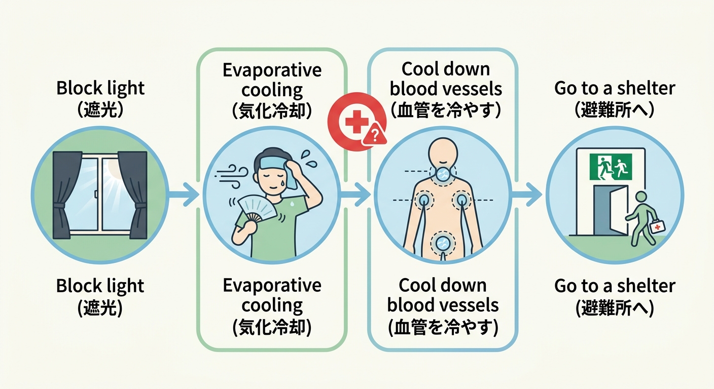 熱中症の受診サインと停電時の対処フロー整理図（フラットイラスト）