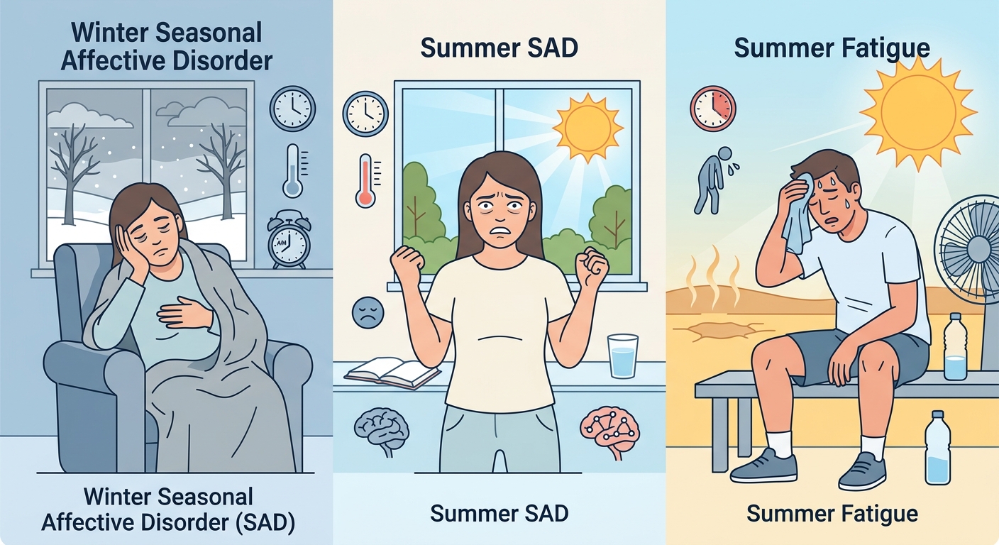 夏型 SAD（夏季うつ）と冬型 SAD・夏バテの症状比較図