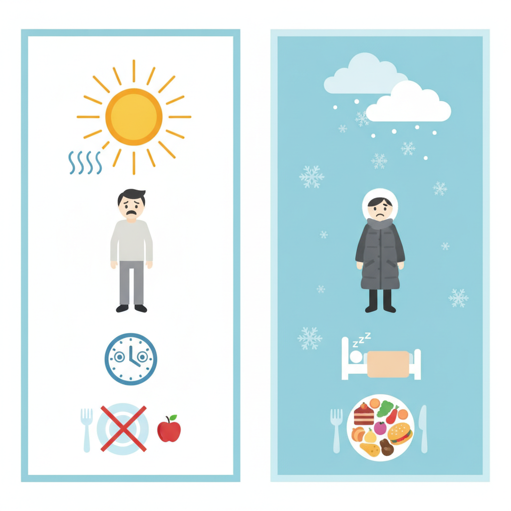 夏季うつの症状概要：不眠・食欲低下・気分の落ち込みのイラスト図解