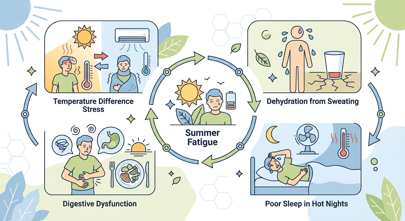 夏バテの主な原因を示す図解：温度差・脱水・睡眠不足・消化機能低下が自律神経に負荷をかけるサイクル