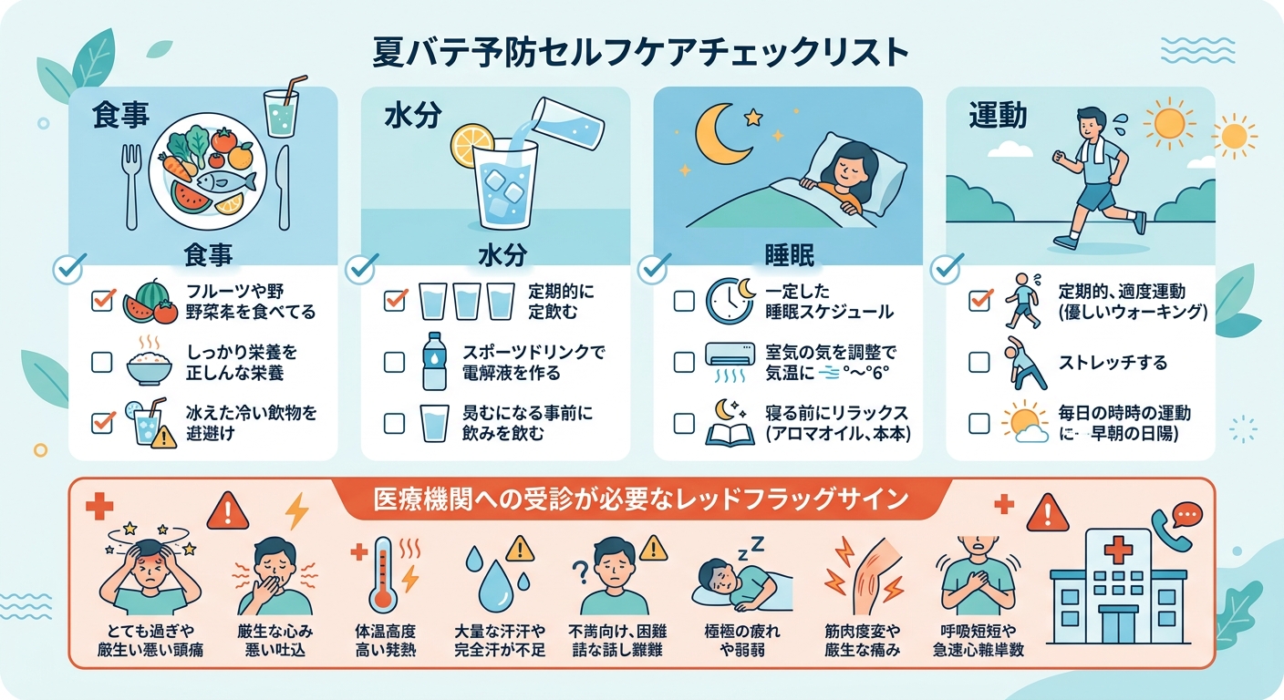 夏バテのセルフケアと受診目安を整理した図解。食事・水分・睡眠・運動のバランスと受診が必要なレッドフラッグのチェックリスト形式のイラスト