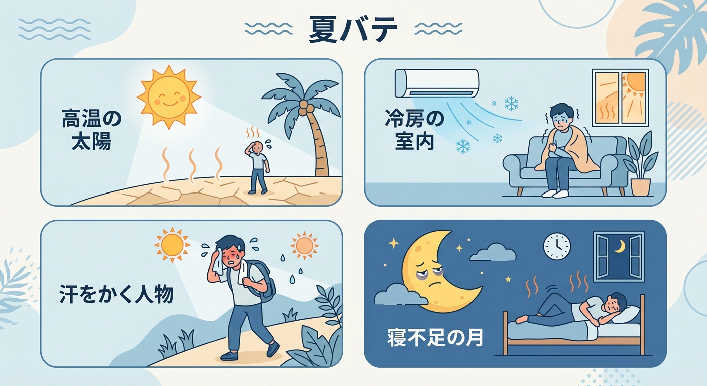 夏バテの主な原因を示した図解——高温多湿・寒暖差・睡眠不足・冷たい飲食物が重なり自律神経バランスが崩れる
