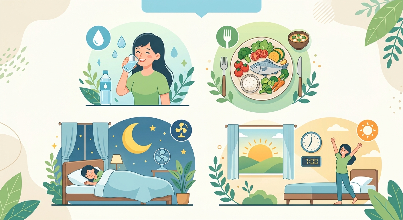 夏バテセルフケアの4つのポイント整理図——水分補給・食事・睡眠環境・生活リズムの調整